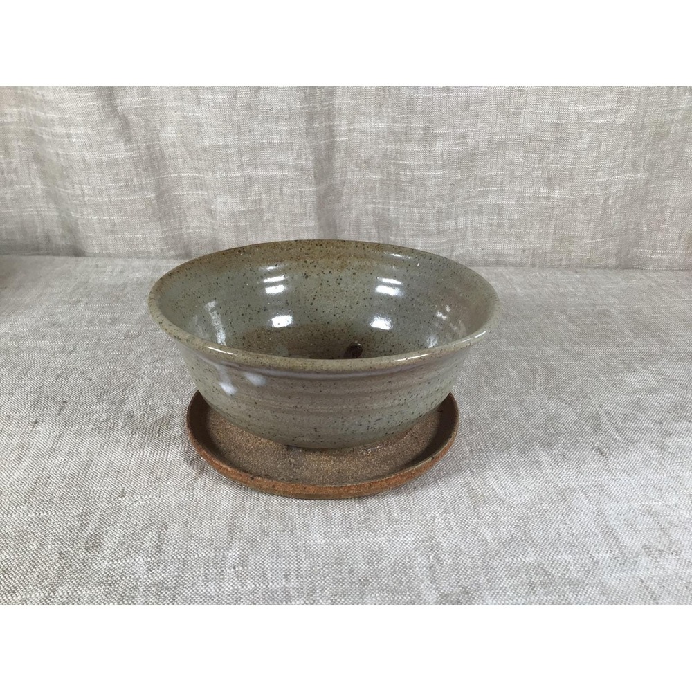 Vintage Studio Pottery Planter With Saucer, Speckled Gray Ceramic